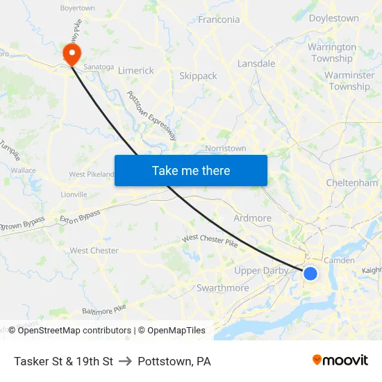 Tasker St & 19th St to Pottstown, PA map