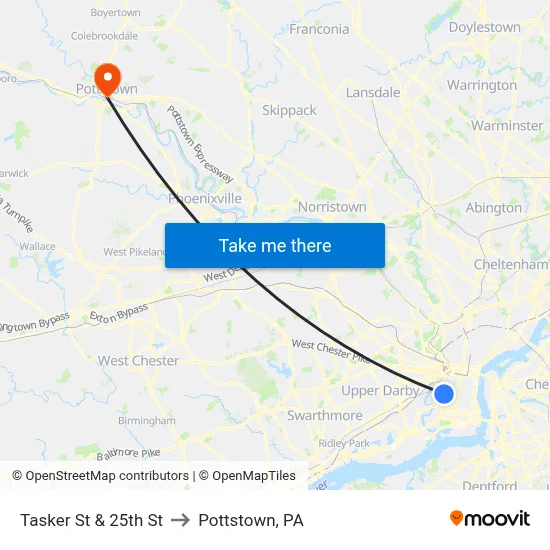 Tasker St & 25th St to Pottstown, PA map