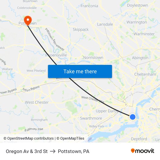 Oregon Av & 3rd St to Pottstown, PA map