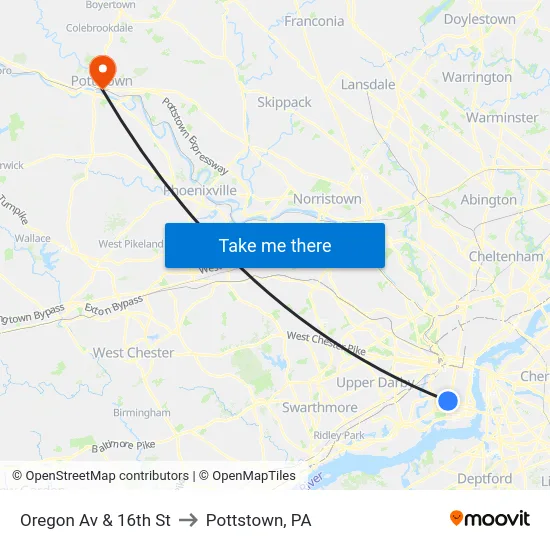Oregon Av & 16th St to Pottstown, PA map