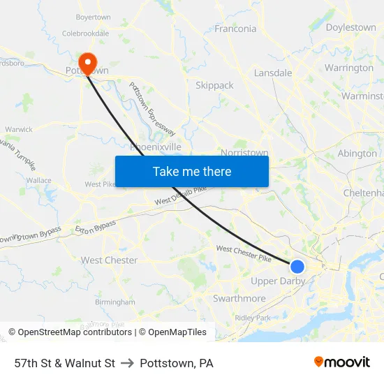 57th St & Walnut St to Pottstown, PA map