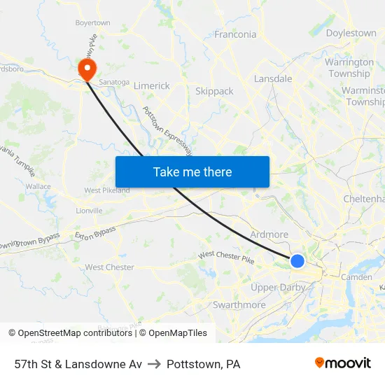 57th St & Lansdowne Av to Pottstown, PA map