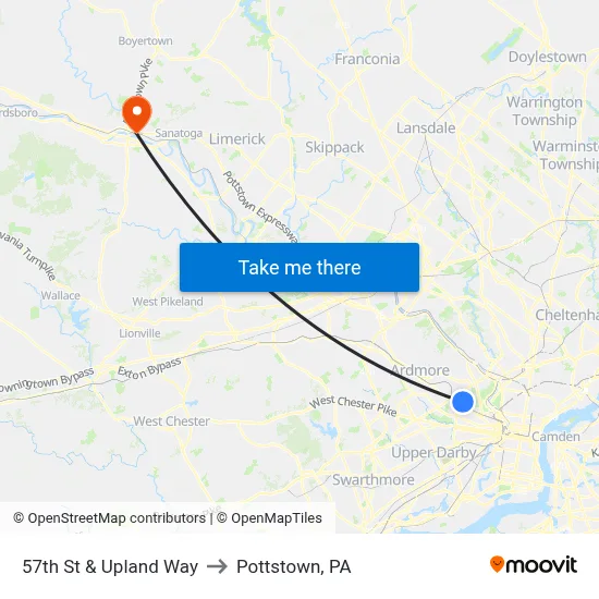 57th St & Upland Way to Pottstown, PA map