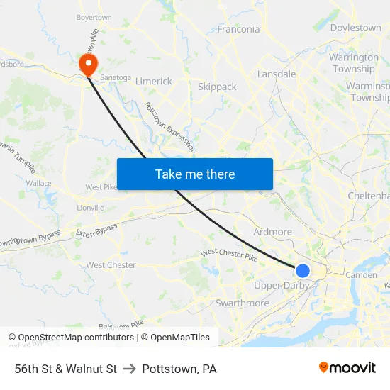 56th St & Walnut St to Pottstown, PA map