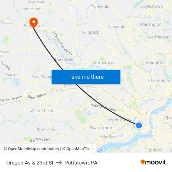 Oregon Av & 23rd St to Pottstown, PA map