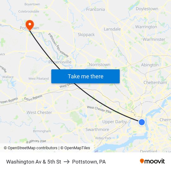 Washington Av & 5th St to Pottstown, PA map