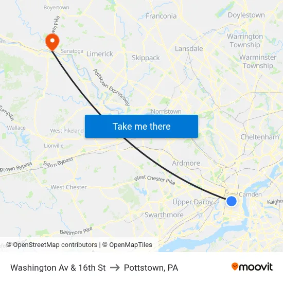 Washington Av & 16th St to Pottstown, PA map