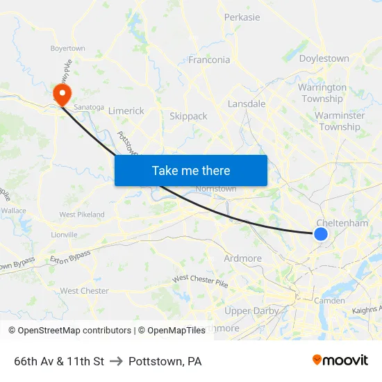 66th Av & 11th St to Pottstown, PA map