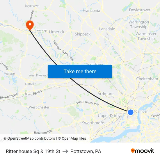 Rittenhouse Sq & 19th St to Pottstown, PA map