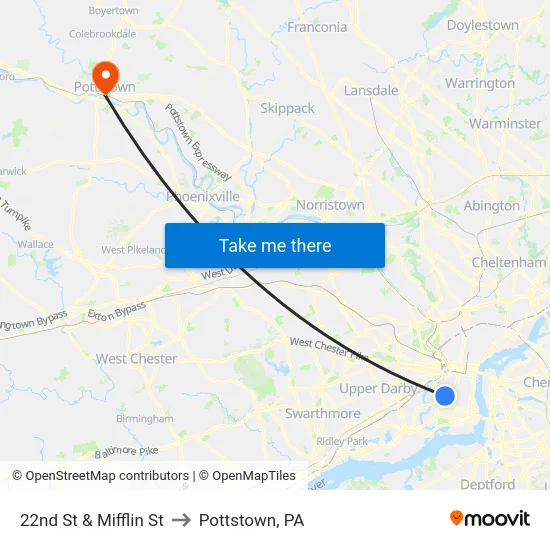 22nd St & Mifflin St to Pottstown, PA map