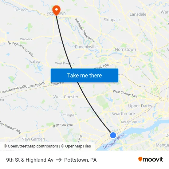 9th St & Highland Av to Pottstown, PA map