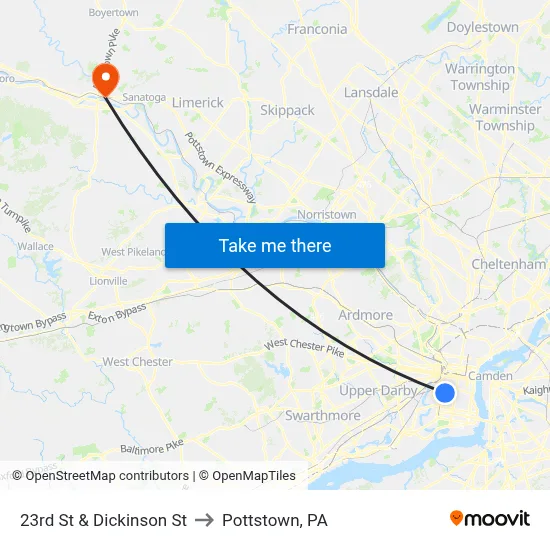 23rd St & Dickinson St to Pottstown, PA map