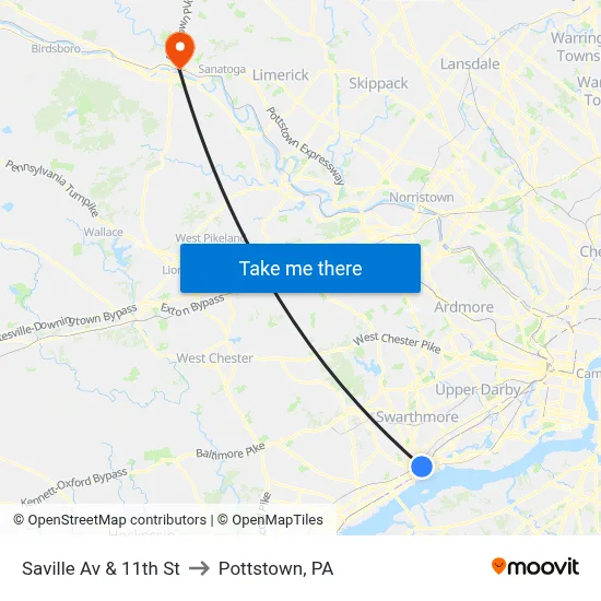 Saville Av & 11th St to Pottstown, PA map