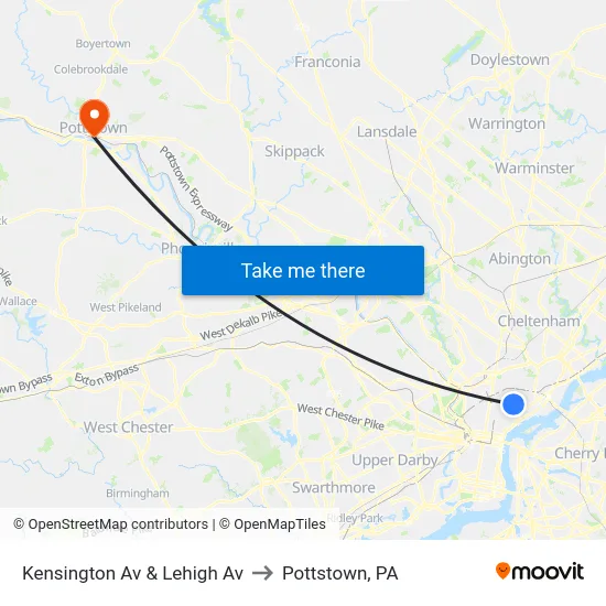 Kensington Av & Lehigh Av to Pottstown, PA map