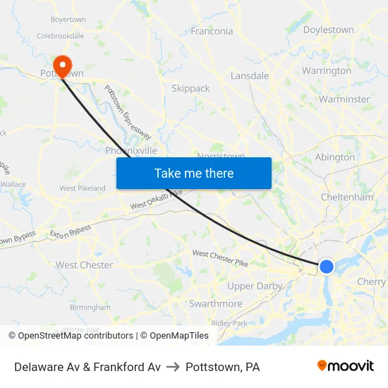 Delaware Av & Frankford Av to Pottstown, PA map