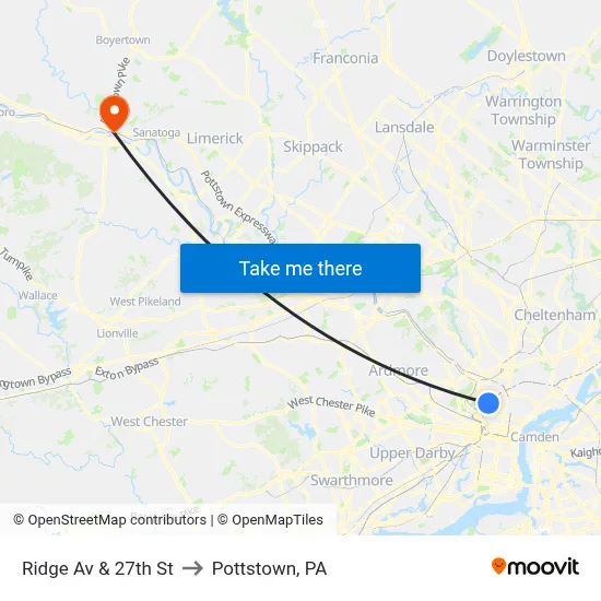 Ridge Av & 27th St to Pottstown, PA map