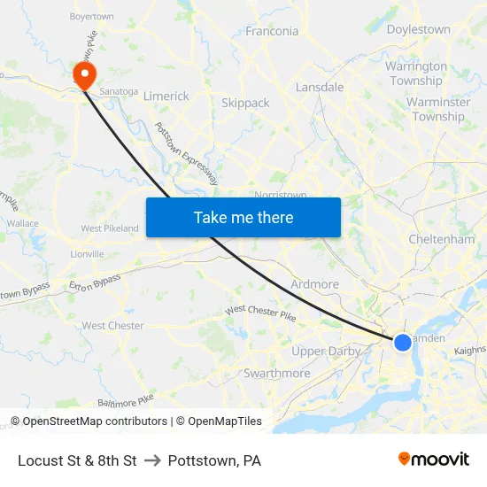 Locust St & 8th St to Pottstown, PA map