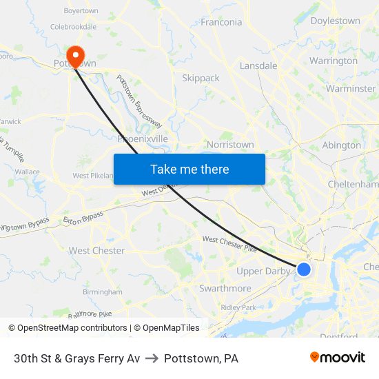 30th St & Grays Ferry Av to Pottstown, PA map