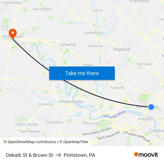 Dekalb St & Brown St to Pottstown, PA map