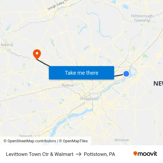 Levittown Town Ctr & Walmart to Pottstown, PA map