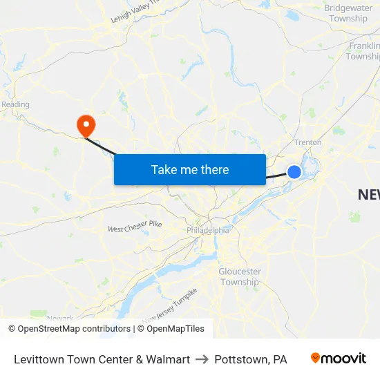 Levittown Town Center & Walmart to Pottstown, PA map