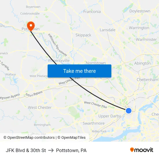 JFK Blvd & 30th St to Pottstown, PA map