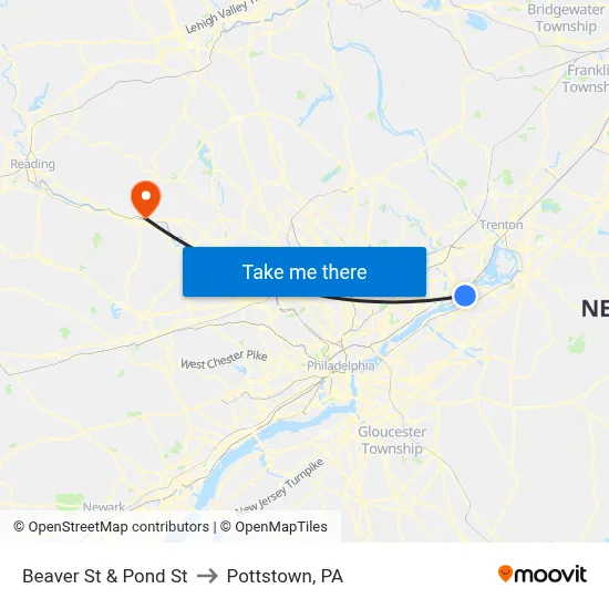 Beaver St & Pond St to Pottstown, PA map