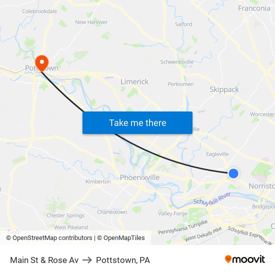 Main St & Rose Av to Pottstown, PA map