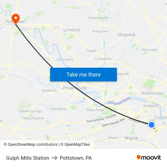 Gulph Mills Station to Pottstown, PA map