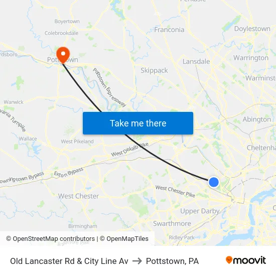 Old Lancaster Rd & City Line Av to Pottstown, PA map
