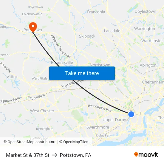 Market St & 37th St to Pottstown, PA map