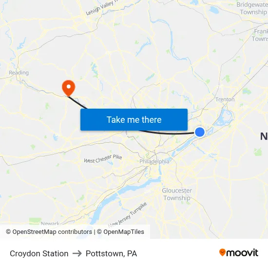 Croydon Station to Pottstown, PA map