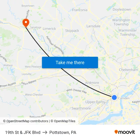 19th St & JFK Blvd to Pottstown, PA map