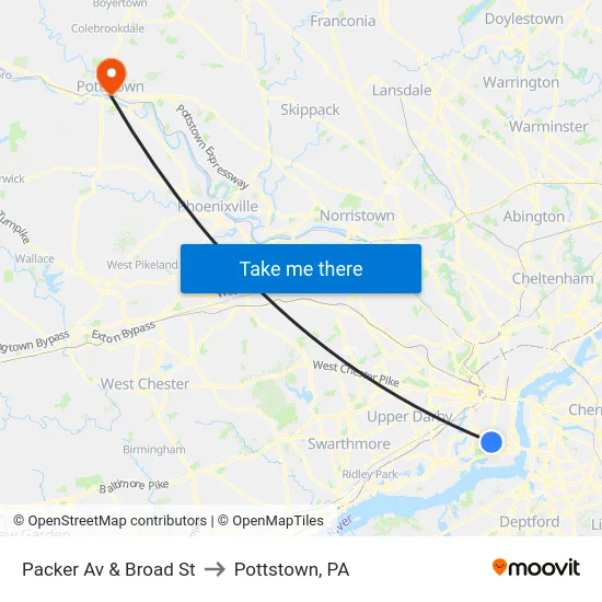Packer Av & Broad St to Pottstown, PA map
