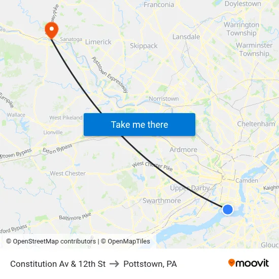 Constitution Av & 12th St to Pottstown, PA map