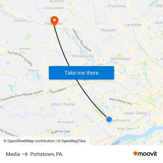 Media to Pottstown, PA map