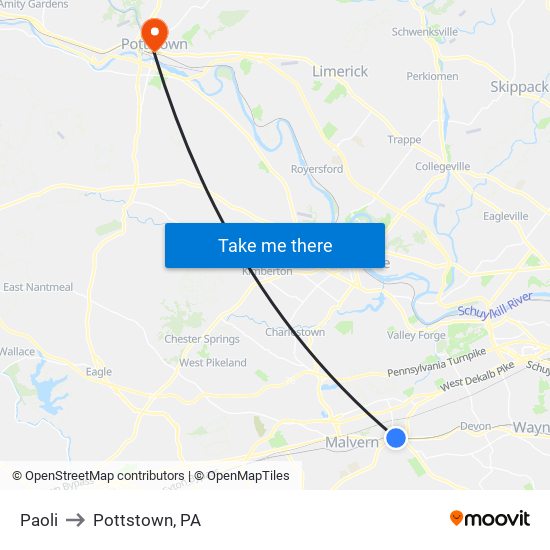 Paoli to Pottstown, PA map
