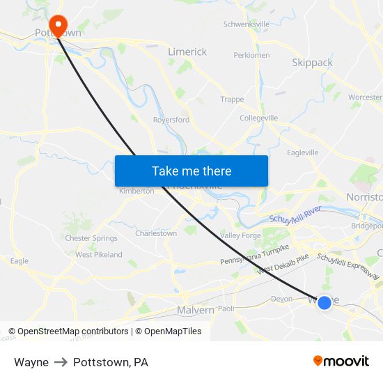 Wayne to Pottstown, PA map