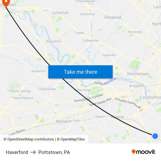 Haverford to Pottstown, PA map