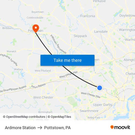 Ardmore Station to Pottstown, PA map