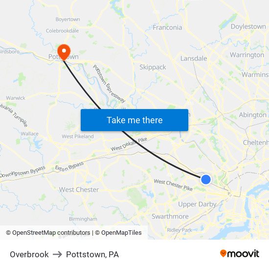 Overbrook to Pottstown, PA map