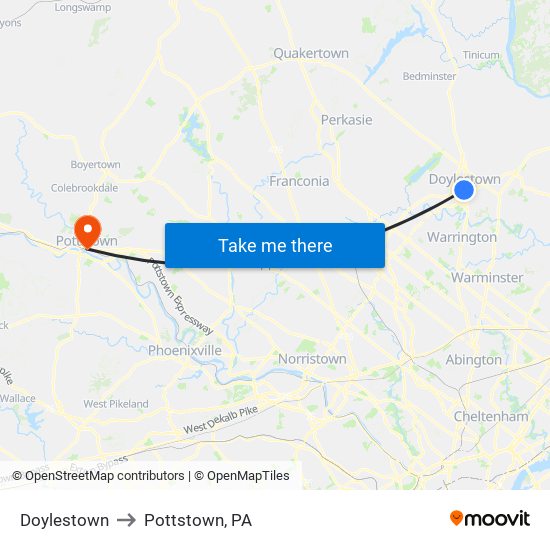 Doylestown to Pottstown, PA map
