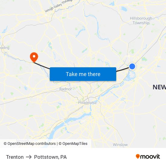 Trenton to Pottstown, PA map