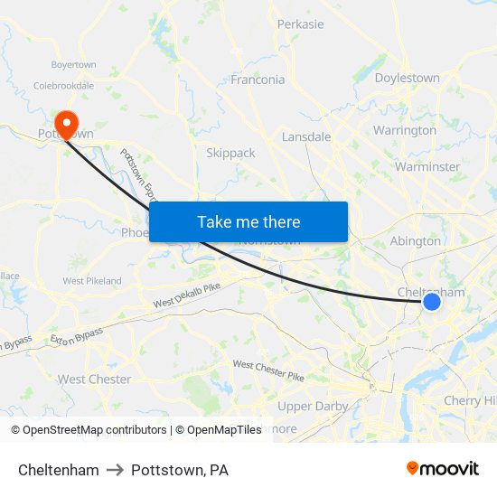 Cheltenham to Pottstown, PA map