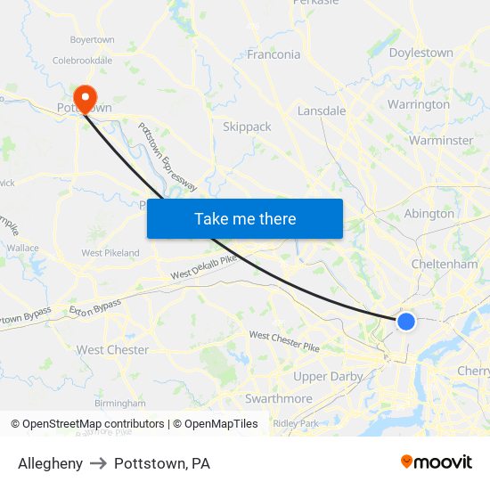Allegheny to Pottstown, PA map