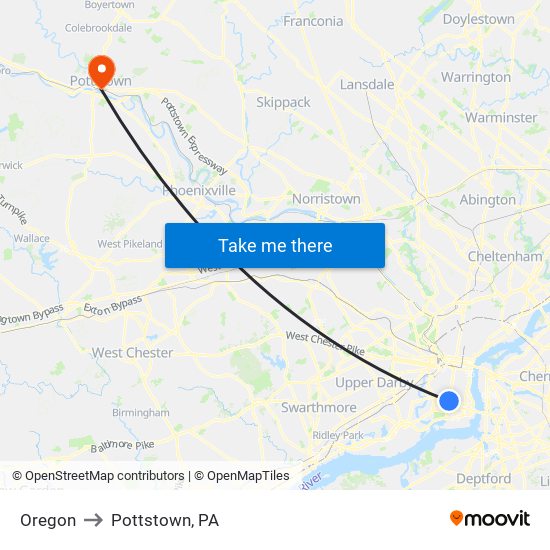 Oregon to Pottstown, PA map