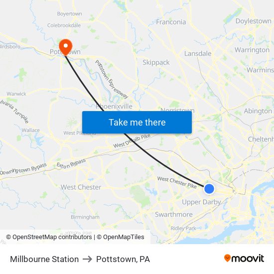 Millbourne Station to Pottstown, PA map