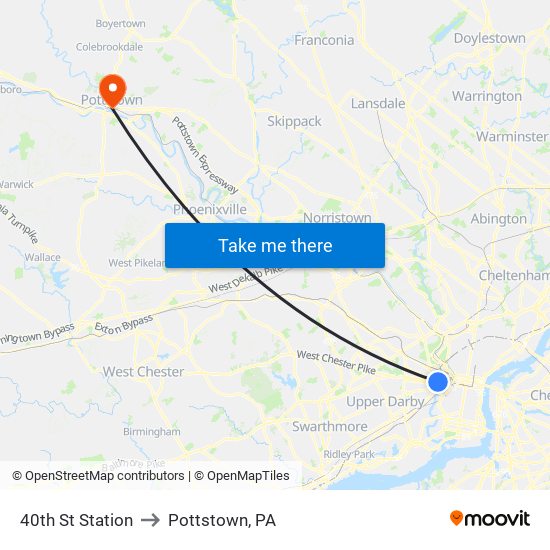 40th St Station to Pottstown, PA map