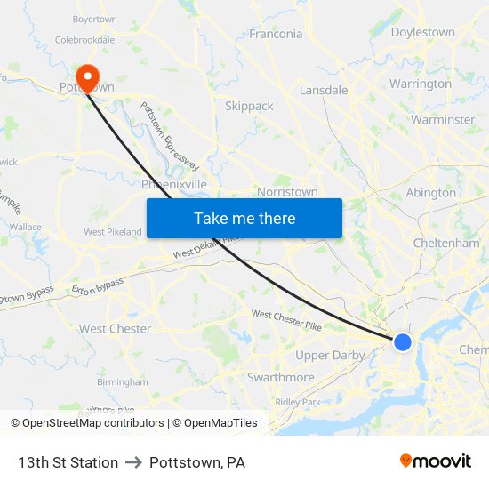 13th St Station to Pottstown, PA map