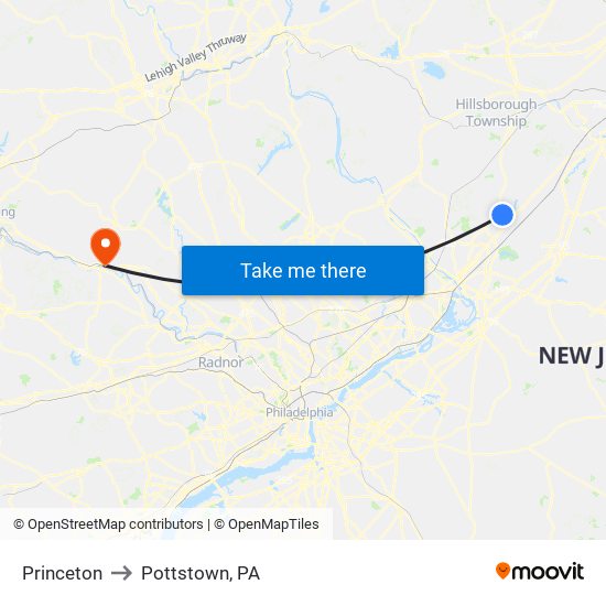 Princeton to Pottstown, PA map